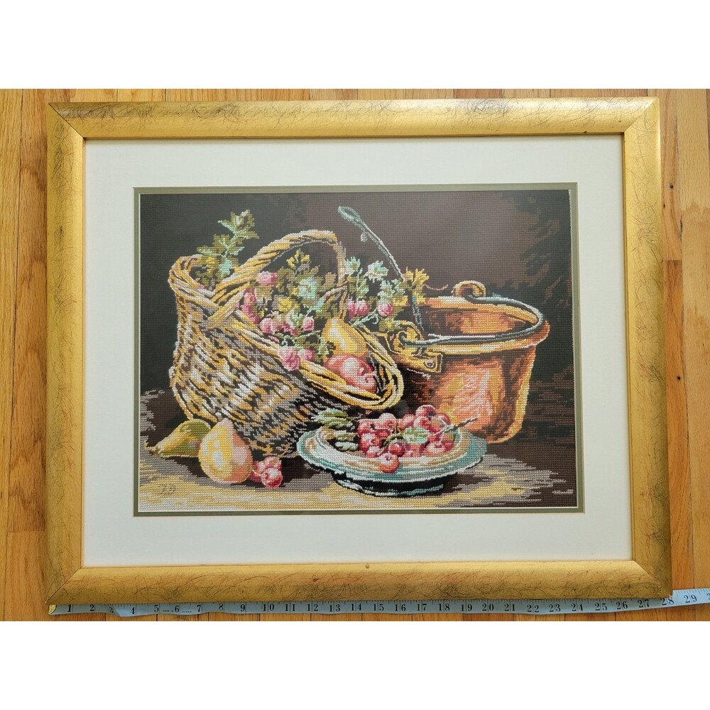 VTG 95 Signed Fruit Basket Needlepoint Matted Gold Frame Glass 24x28 Tuscan Mood